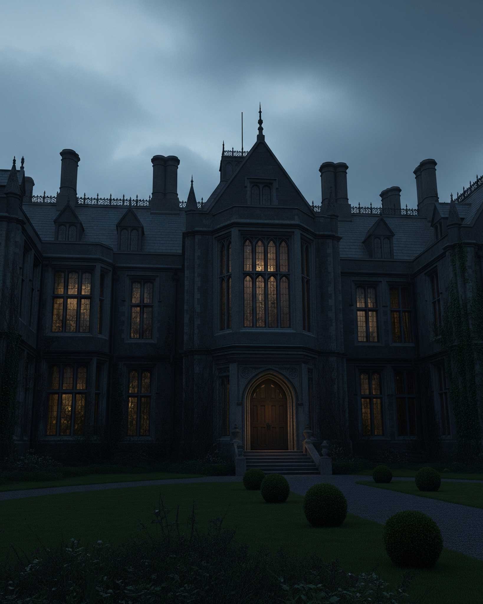 Dark windows forest and the distance